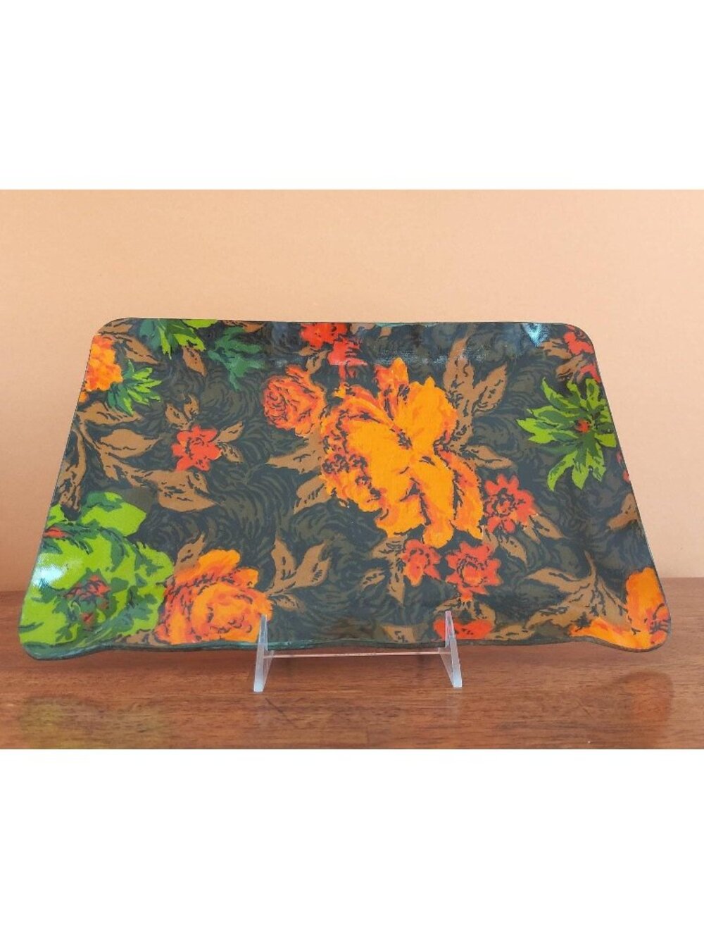 Vintage FAB Floral Serving Tray – Sealed Fabric Barware, Wall Art Home Decor